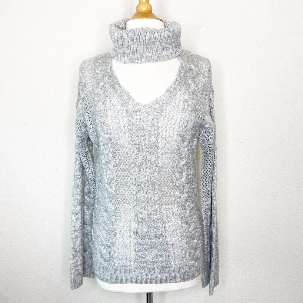 Hummingbird Cable Knit Cut Out Collar Turtle V-neck Combo Gray Sweater S